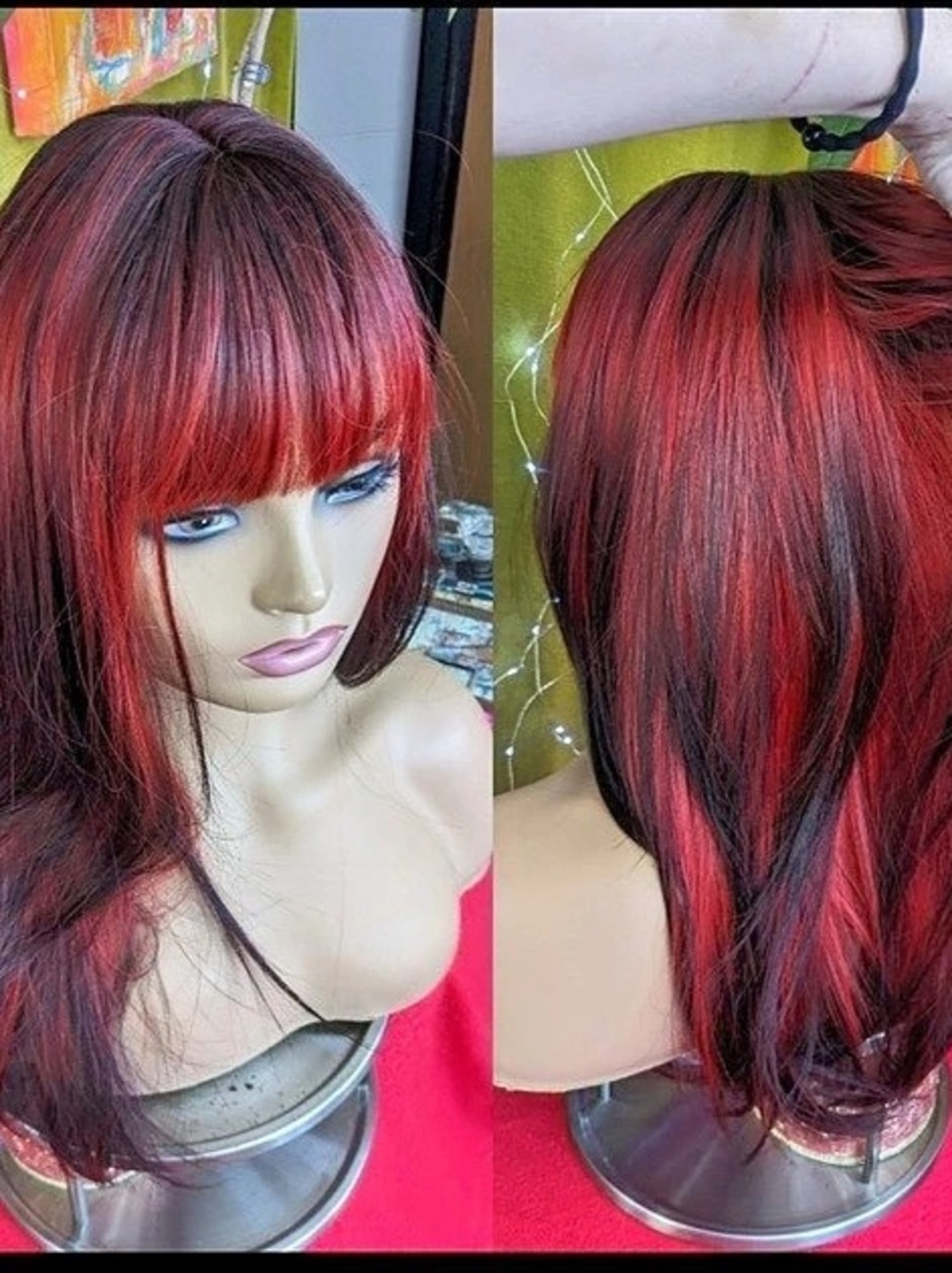 Fun goth rock Red & Black Wig with Bangs